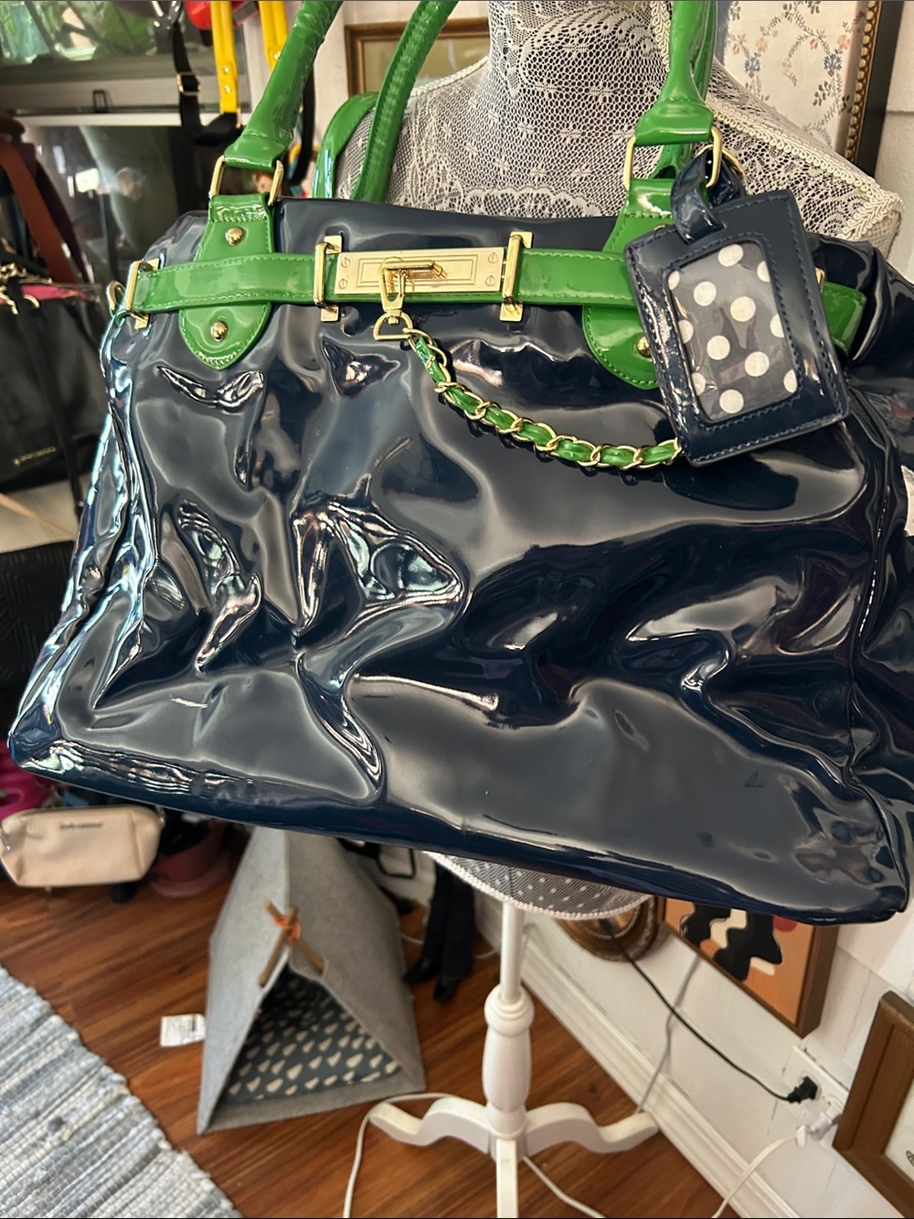 Steve Madden Navy Patent Satchel with Green Trim and Gold Hardware